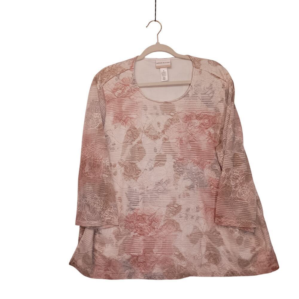 Alfred Dunner Dusty Rose and Grey Floral Lace Pull Over Blouse 3/4 Sleeves Lined